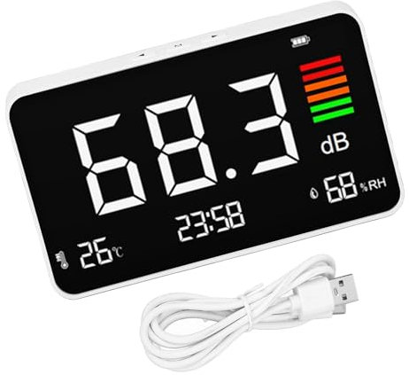 KEXIAO Compteur de décibels de bureau numérique de niveau sonore 30–130 dBA avec affichage de l'heure, de la température, de l'humidité et du bruit