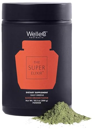 WelleCo The Super Elixir Greens Powder Supplement, Daily Gut Support, Energy & Skin Glow, Probiotics & Mushrooms, Dairy-Free, Gluten-Free & Vegan, 300g, Blood Orange
