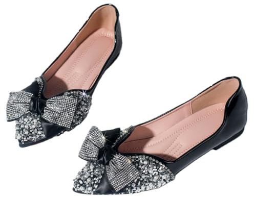 QXCXINGDY Black Flats Shoes Women Rhinestone Wedding Flats Comfort Pointed Toe Ballet Flat Shoe Low Heel Dress Shoes Sparkly Flats for Women Size - 10.5