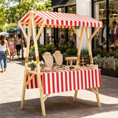 HARELA Genérico Puesto de Mercado con toldo, Puestos Plegables, para Venta De Alimentos, Carrito De Comida Callejera De Madera para Tiendas Mercados(Red A,150cm/59in)