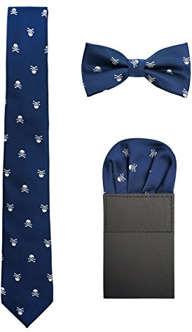 WANYING Hombre 6cm Corbata & Pajaritas & Pañuelo de Bolsillo 3 en 1 Set Moda Casual Cool - Calavera Patrón Azul Marino