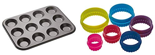 masterclass KitchenCraft 12-Hole Non-Stick Shallow Baking Tray, 32 x 24 cm & Colourworks Plastic Plain and Fluted Round Cookie Cutters, Multi-Colour, Set of Six