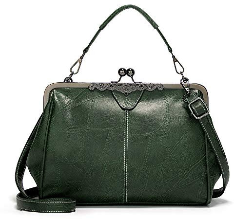 LUI SUI Women Retro Handbag, PU Leather Purse Vintage Top Handle Bag Kiss Lock Crossbody Shoulder Bag for Ladies Green