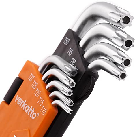 MIVOS Juego de 9 llaves Torx con Estrella T10-T50 / Juego de llaves Acodadas Largas/Kit de Torx Acodadas en el Soporte/Acero Cromado Vanadio/Dureza: 52-56