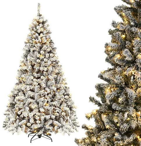 COSTWAY 180/225 cm Konstgjord Julgran med Snöeffekt och Varma LED-lampor, PVC-Nålar, Metallställning, Hopfällbar Julgran för Hem och Butik