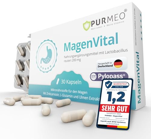 PURMEO® MagenVital – Pylopass® Lactobacillus reuteri, Zinkcarnosin, L-Glutamin und Ulmenrindenextrakt – 30 Kapseln – Unterstützung der Verdauung – vegan, laktosefrei, laborgeprüft, Made in Germany