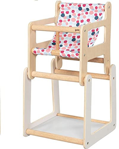 goki 51483 - Seggiolone accessorio per bambole con tavolo - in moderno design colorato - funzione 2 in 1 - Mobili per bambole in legno e tessuto