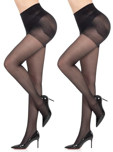 MANZI 2 Pairs Women's Sheer Tights 40D High Waist Control Top Pantyhose Thigh High Stockings Black Large