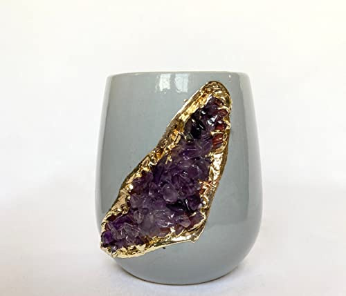 Grey and Gold Ceramic Vase/Planter/Pot/Wine Goblet/Mug with Purple Amethyst Semi - Precious Agate Crystal Gemstones |Small(Height 4 inch), (Gold - Finish)