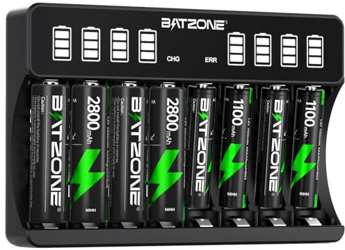 BAZTONE 8 Bays Battery Charger with 4 x AA and 4 x AAA Batteries, Intelligent LCD Screen Battery Charger, for NI-MH/NI-CD Batteries, Individually Black Charger for AA AAA Rechargeable Batteries