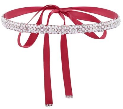 IYOU Pearl Cinturón de Novia Rojo Cinturón de Vestido de Diamantes de Cristal Chic Prom Cinturón de Novia Cinturón Accesorios con Riboon para Novia Dama de honor