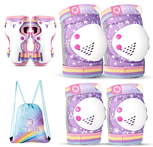 SULIFEEL Rainbow Unicorn Kids Protective Gear Set for Girls Boys | Shiny Knee Elbow Wrist Pads, Adjustable, Comes with Drawstring Storage Bag