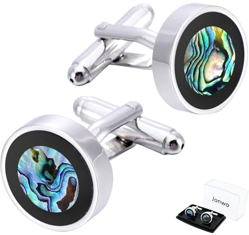 Jonwo Silver Natural Abalone Shell Cufflinks for Men Women In Gift Case Handmade Round Men's Cufflinks Jewelry Set for Wedding Anniversary Business Party Events Tuxedo Dress Shirt