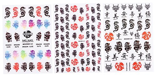 HONMEET Stickers Ongles Dragon Autocollants Nail Art Chinois Auto-Adhésifs 3 Feuilles Décoration Ongles Diy Pour Fête Et Usage Quotidien