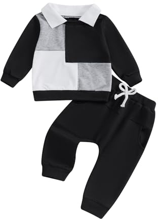 Vioyavo 2 Pezzi Completo a Manica Lunga Bambino Elegante Set di Top Felpe Patchwork Maniche Lunghe + Pantaloni Ragazzo (Nero, 6-12 Months)