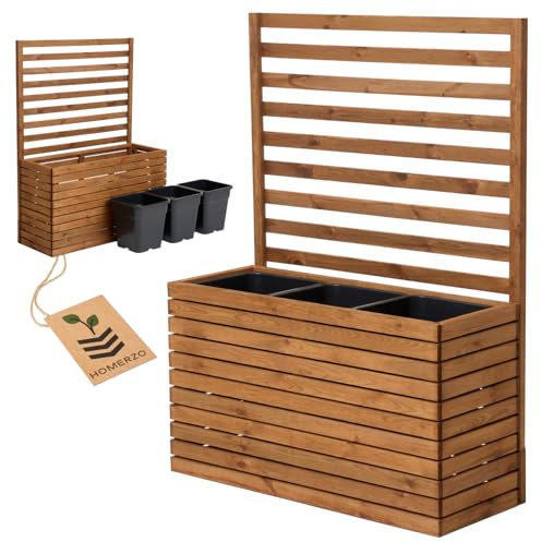 Pflanzkübel mit Rankgitter Spalier mit Pflanzkasten Blumenkasten aus Holz für Garten Balkon Terrasse Hochbeet mit 18L Kunststoff-Pflanzeneinsatz (horizontal-braun, 98x36x55 H130)