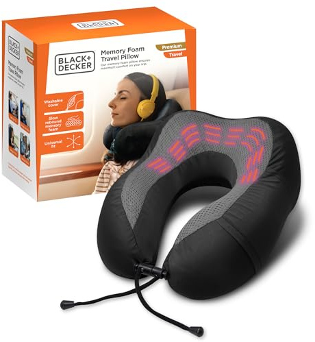 BLACK+DECKER Cooling Gel Memory Foam Neck Pillow – Travel Pillow for Plane, Car & Train – Ergonomic Neck Support, Slow Rebound Memory Foam, Washable Cover, Universal Fit, Black