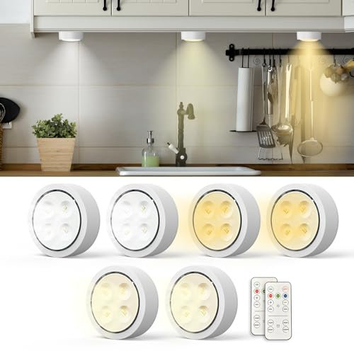 Moman - Lámpara de armario, juego de 6, luz de cocina bajo mueble con mando a distancia, foco LED, temporizador, intensidad regulable, luz nocturna LED con pilas para escalera, vitrina, armario (T048C