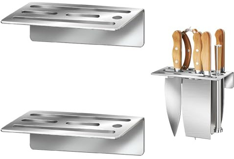 Pack de 2 porta - cuchillos de acero inoxidable - Montaje en pared, sin taladro, resistente y seguro