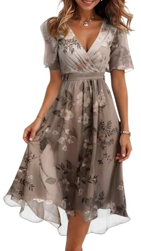Vestido Invitada Boda Fiesta Elegantes Fiesta Ropa Mujer Verano 2025 Vestido Elegante Manga Corta Ceremonia Coctel Ropa Boho Tallas Grandes Playero Prom Dress(Marrón Claro,XXL)