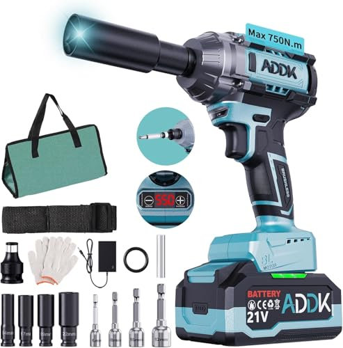 BursDany 1/2'' Akku Schlagschrauber 750N.m, Akku Schlagbohrmaschine mit 4000 mAh Akkus, Bürstenloser Motor, 6 Gänge 3300 U/min, 4 Steckschlüssel (14-22mm), 5 Hex-Bits Für Auto/Motorrad/Heimwerker