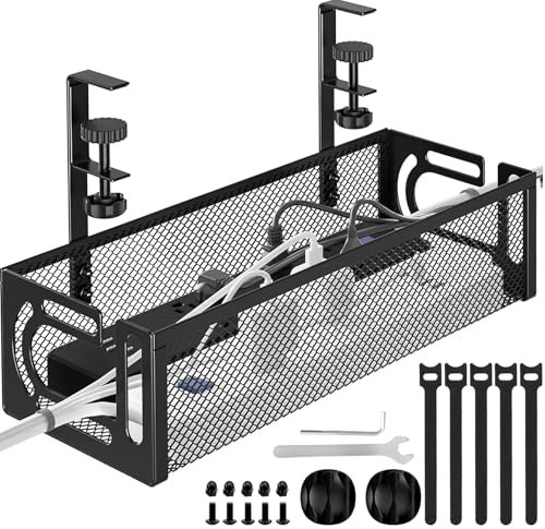 Under Desk Cable Management Tray, No Drilling Required, Metal Grid Cable Tray with Clip Seat Side Opening, Wire Management Tray, Home Office Internet Cafe Kitchen Wire Organizer Black