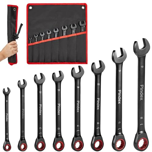Pindex 8 Ringmaulschlüssel Set mit Ratsche, Ratschenschlüssel Set 8 10 12 13 14 15 17 19 mm, Gelenk-Ratschenschlüssel Satz mit 72 Zähne, Ringschlüsselsatz mit Ratsche
