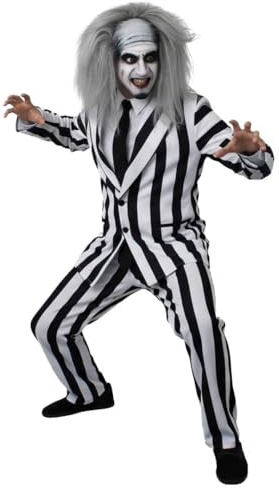 Disfraz de fantasma loco de Halloween para adultos, mediano, traje de rayas blancas y negras, corbata negra, peluca gris loco, pintura facial, disfraz de Halloween para hombre de los años 80