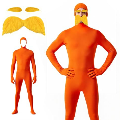 ZoneYan Combinaison Seconde Peau, Combinaison Intégrale Unisexe, Avce Barbe+Sourcil, Slenderman Déguisement, Carnaval Halloween Costume (Orange, XL)