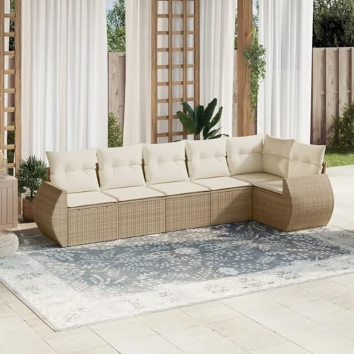 Frdhee Muebles de terraza, salón, sofá, 6 piezas, conjunto de sofá de jardín con cojín de ratán de poli beige, grupo de asientos para jardín, terraza y balcón, se puede instalar rápidamente