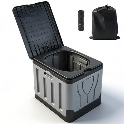 Soontrans Toilette Portable avec Couvercle, WC Portable Robuste Charge 100kg, Toilette de Camping pour Voyage en Voiture, Randonnée, Urgences Famille, 33 x 27 x 30 cm, Noir Grisé