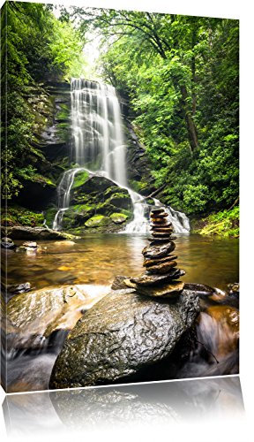 Pixxprint Zen Steine vor Wasserfall, Größe: 60x40cm, Leinwandbild, fertig gespannt, Wandbild, Dekoration, Kunstdruck, kein Poster