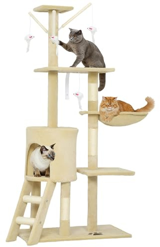 PawHut Cat Tree, 134cm Cat Scratching Post, Multi-Level Kitty Stable Climbing Tower with Ladder, House, Hammock, Indoor Large Pet Activity Furniture Play House for Kitty Kitten, Beige