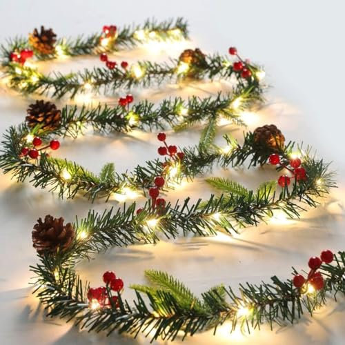 Queta Christmas Garland Decoration Artificial Xmas Garland with Cones, Berries and Led Lights for Door Stairs Fireplaces Christmas Wreath 2.6m/8.5FT