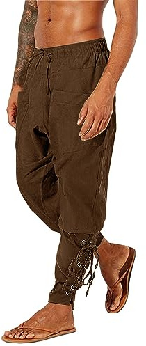 LVCBL Men's Cotton Linen Trousers Retro Ankle Banded Medieval Viking Pants Brown XL