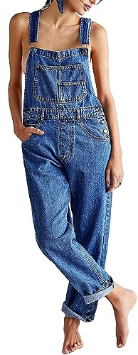 FeMereina Denim Overalls for Women Loose Fit Classic Bib Casual Jean Stretchy Denim Overall Jumpsuit Tapered Leg Jean Pants (Blue, M)