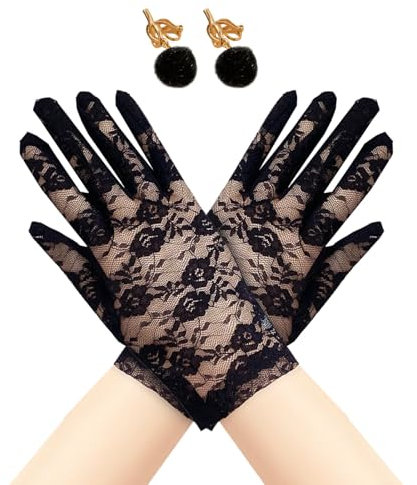 XNIVUIS Gants et Dentelle Noires pour Filles, Gants Fleurs Clips d'Oreille Dentelle pour Enfants, Halloween Costume