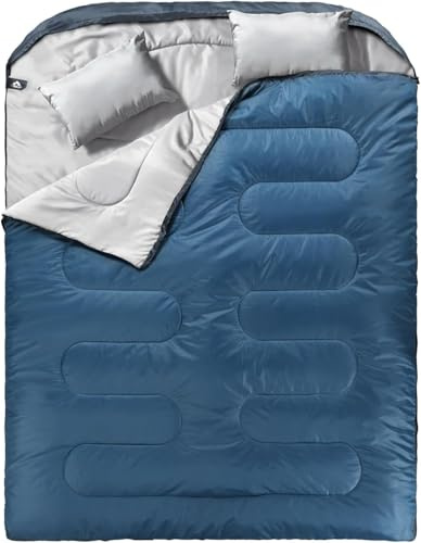 MEREZA Sacchi a pelo XL da uomo, doppio sacco a pelo per adulti, largo, per campeggio, grandi e alti, sacco a pelo grande per 2 persone, king size, caldo e freddo (doppio, blu polvere)
