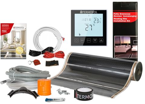 Termofol Elektrisk golvvärme, värmefolie 230 V med termostat H1, svart – effekt 140 W/m2, yta 2 m², golvvärme, elektrisk, komplett set för golv, vägg eller takuppvärmning