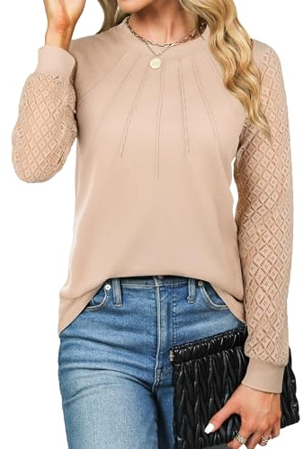 Cuptacc Maglietta Donna a Maniche Lunghe Tunica Collo Rotondo Monocolore Top con Pizzo Maniche Blusa in Tessuto a Coste Camicie Elegante Albicocca, XXL 50