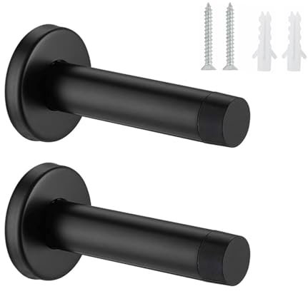 Heavy Duty Door Stopper, 2 Pack Matte Black Wall Mounted Door Stop, Black Door Stops Stainless Steel, Durable Door Stop for Skirting and Wall Protection, Modern Decorative Doorstop for Home and Office