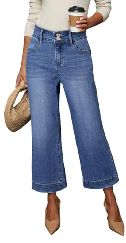 Dokotoo Wide Leg Pants Women's Jeans Pants High Waisted Baggy Jeans for Women Straight Leg Jeans Capri 2026 Outfits Trendy Casual Pants Fashion Clothes Pocket Stretch Denim Pants Dark Blue