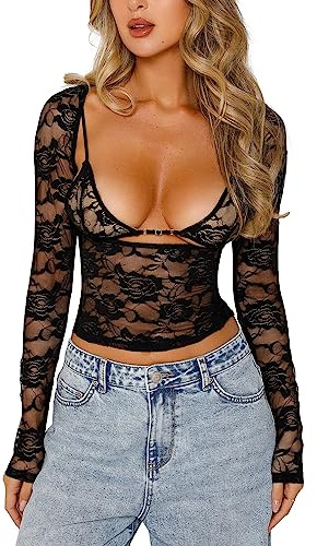 Nicoxijia Women Floral Lace Shirt Top Sexy Sheer Mesh Long Sleeve Crop Top Slim Fit Layering Top Tee Shirts Blouse Streetwear (C-Black, S)