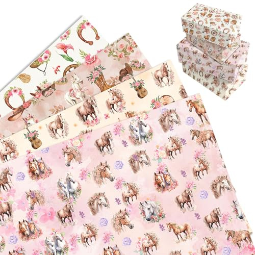 MORAINJAY 12 Hojas Papel de Regalo Caballos, Papel de Regalo Fiesta Infantil, Envoltura Cumpleaños Niños y Niñas, Decoración Regalo Pony, 68 x 50 cm