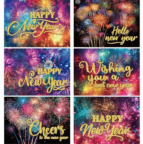 Treasure Cove Happy New Year Cards 2026 with Envelopes Firework New Year Greeting Cards Holiday Notecards for Family Business Office Party Supplies 12Pcs