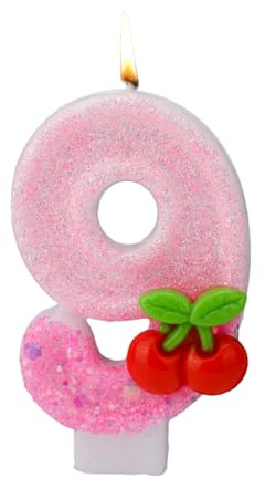 Velas para Tartas de Cumpleaños, Cerezas la Cima Velas Números Pastel con Lentejuelas Rosas Adornos Cupcakes Decoraciones para Aniversarios Mujeres Niñas Artículos Fiestas Cumpleaños (Número 9)