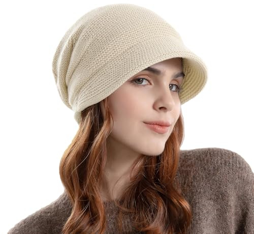 Gajaous Bonnet d'hiver pour femme - Bonnet basque doublé en tricot - Bonnet ballon chaud - Bonnet Slouchy avec visière, Z-beige., taille unique