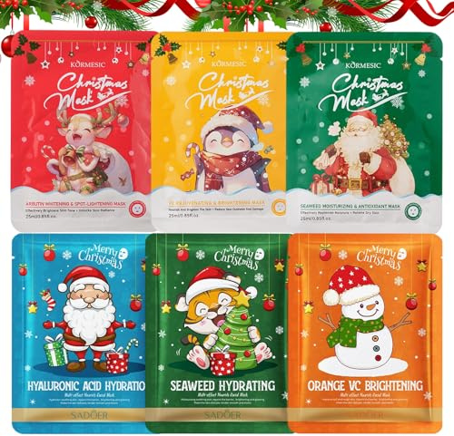 6 Pièces Masque Visage Hydratant Noël,Douce et Hydratée Skincare Masque,Skincare masque Festif pour Femme,Soin Doux pour la Peau,Soin quotidien adapté à tous les types de peau