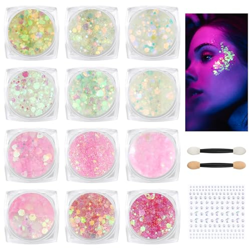 BUTBU 12 lysande glittergel, ansiktsgel, kroppspaljett, med sminkborstar och diamantklistermärken, för ansikte, hår, halloween, fest, jul
