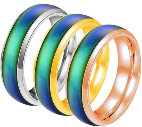 KUTCEK Set di 3 anelli in acciaio al titanio da 6 mm che cambiano colore, termici, sensibili all'umore, ideali come regalo per donne e uomini, 12, Acciaio al titanio
